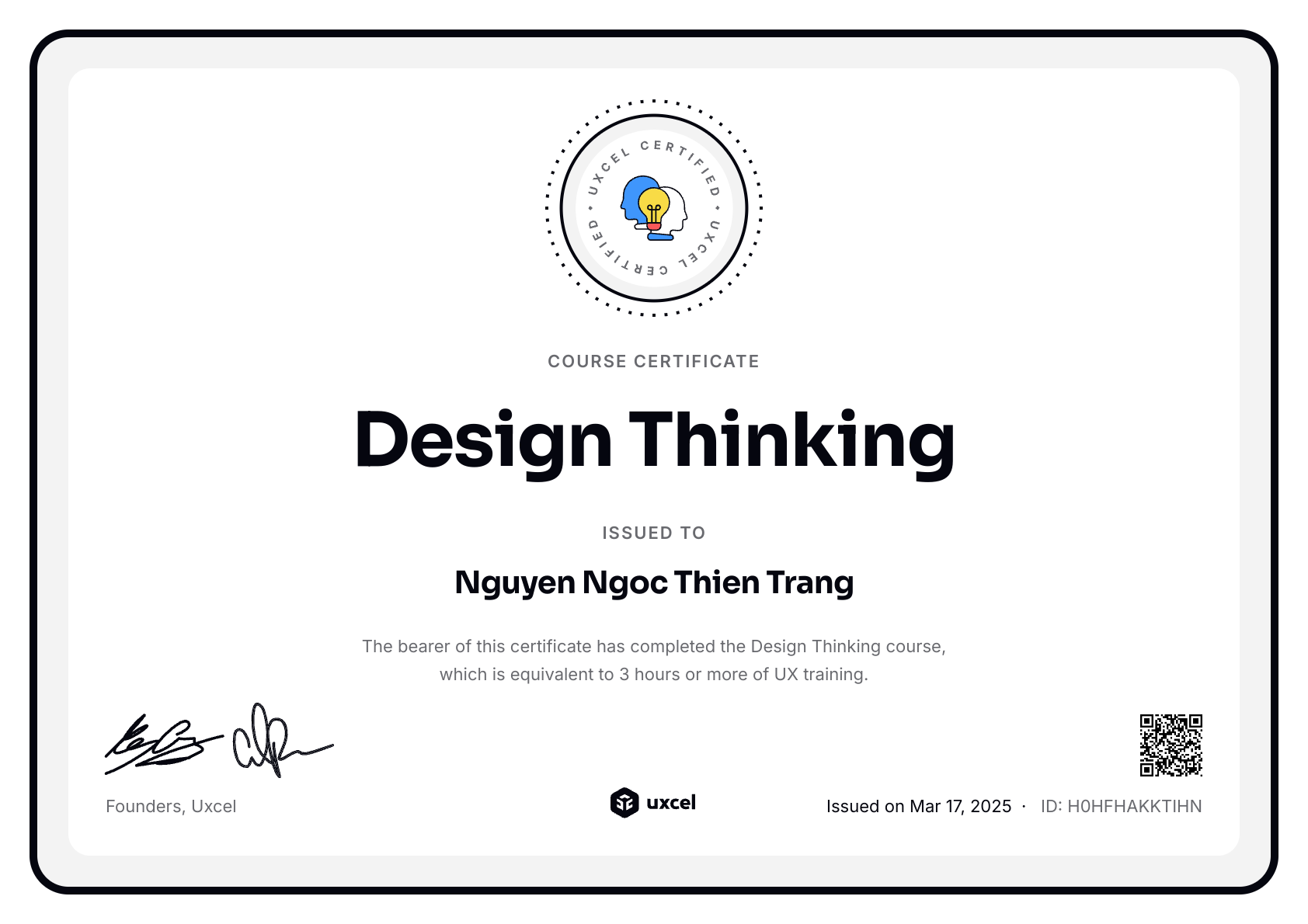 Nguyen Ngoc Thien Trang's certificate